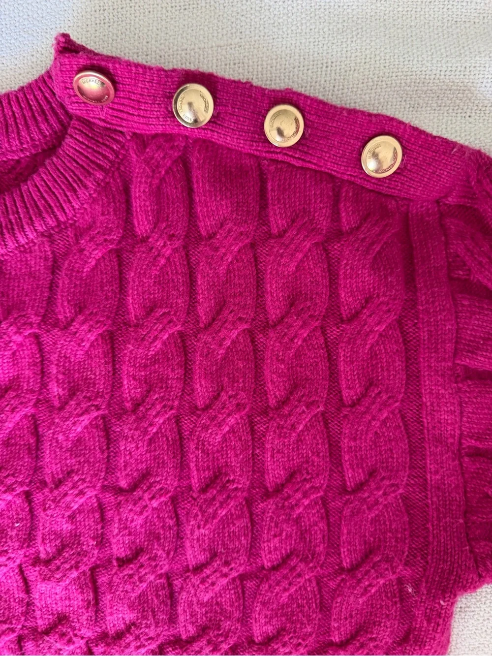Michael Kors Fuchsia Cable-Knit Crew Sweater with Gold Shoulder Buttons